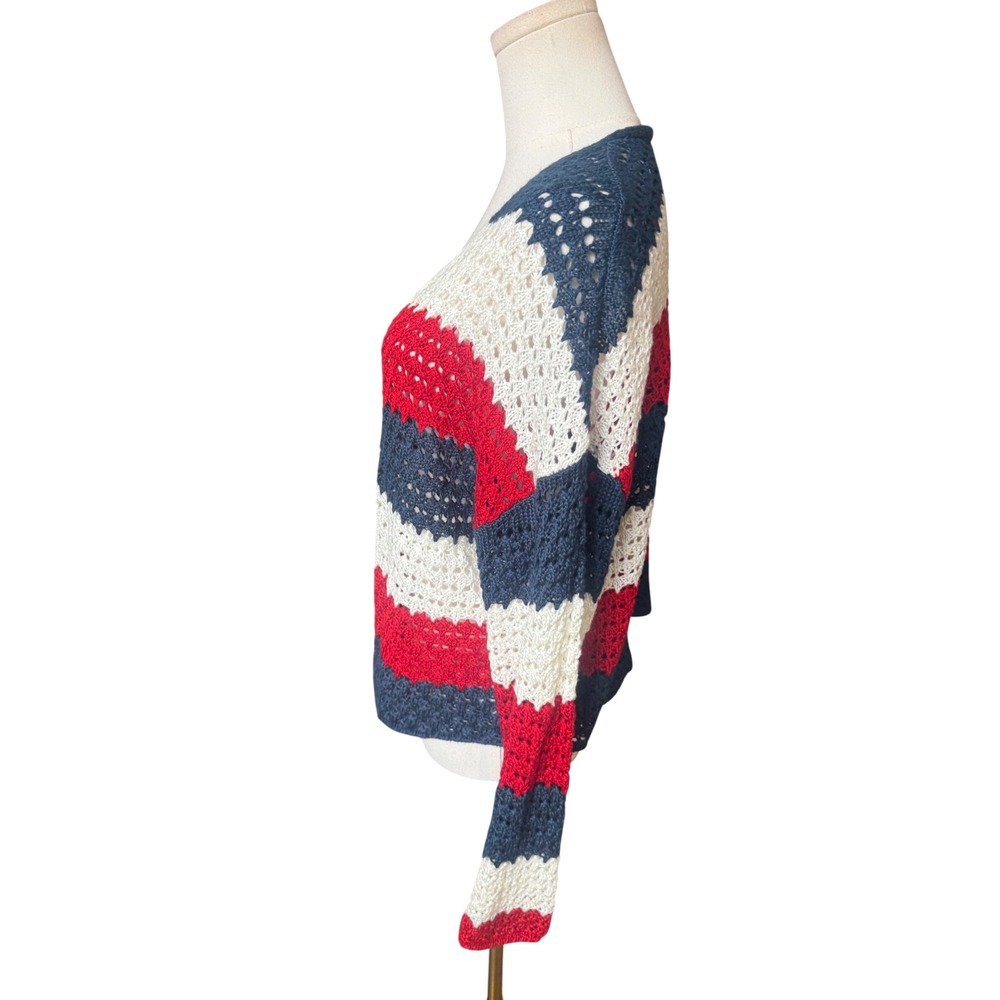 Crochet‎ Fourth of July Open Knit Cardigan Sweater XL Red White Blue Striped - Picture 7 of 11